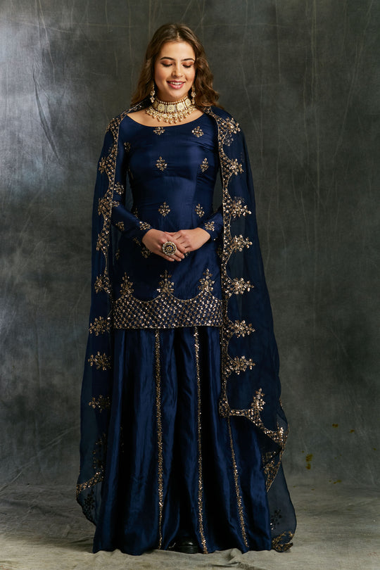 Blue Silk Sharara With Net Dupatta