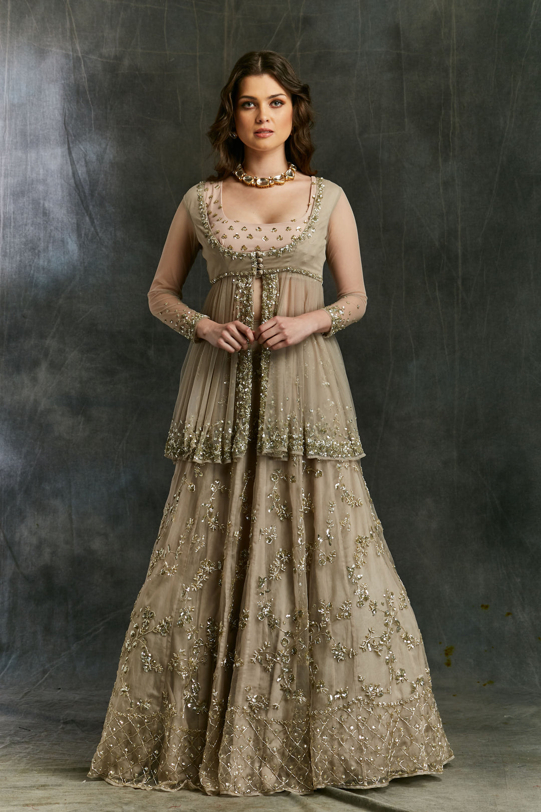 Shop Grey Sequin Organza Lehenga Set Online-Astha Narang
