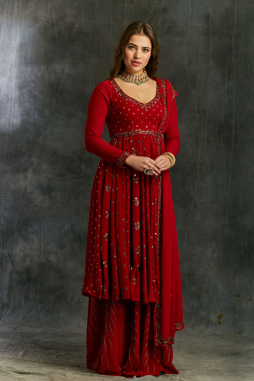 Red Georgette Anarkali With Sharara XS
