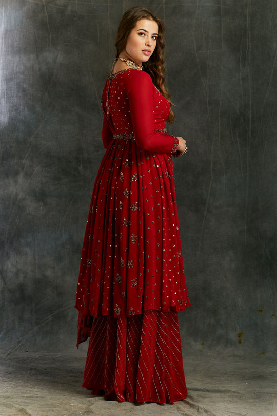 Red Georgette Anarkali With Sharara