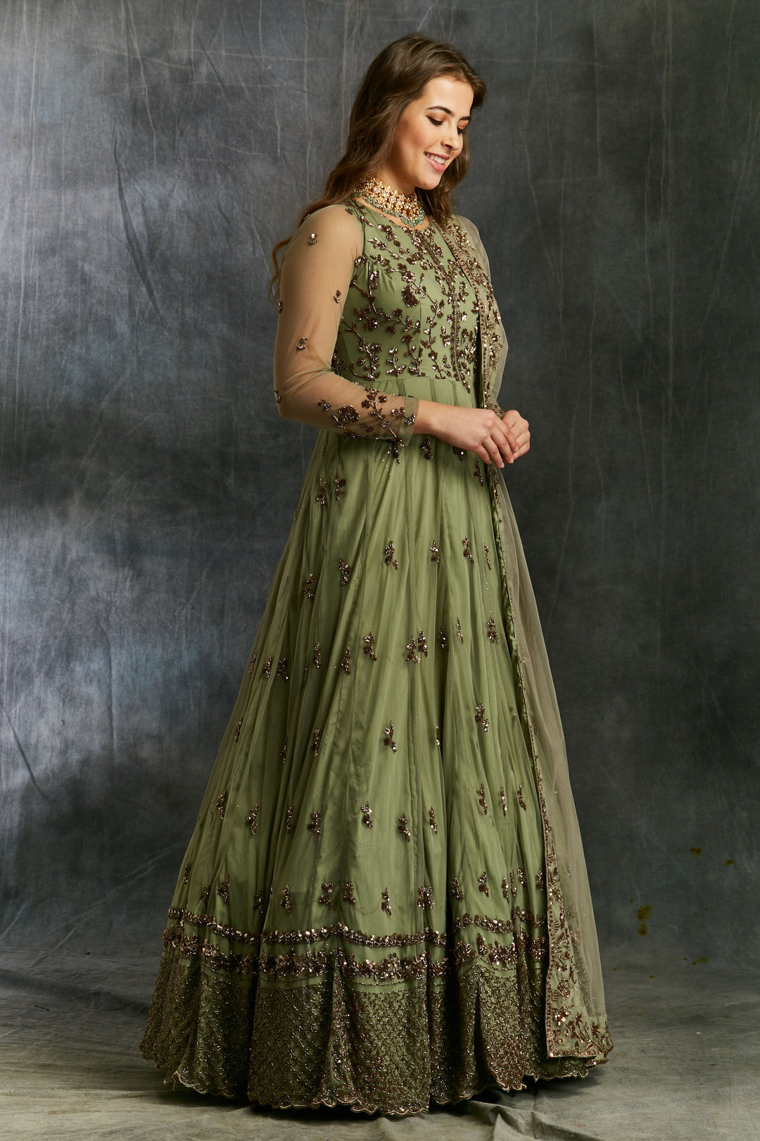 Olive Green Anarkali With Dupatta And Belt Astha Narang Olive Green Anarkali With Dupatta And Belt Astha Narang