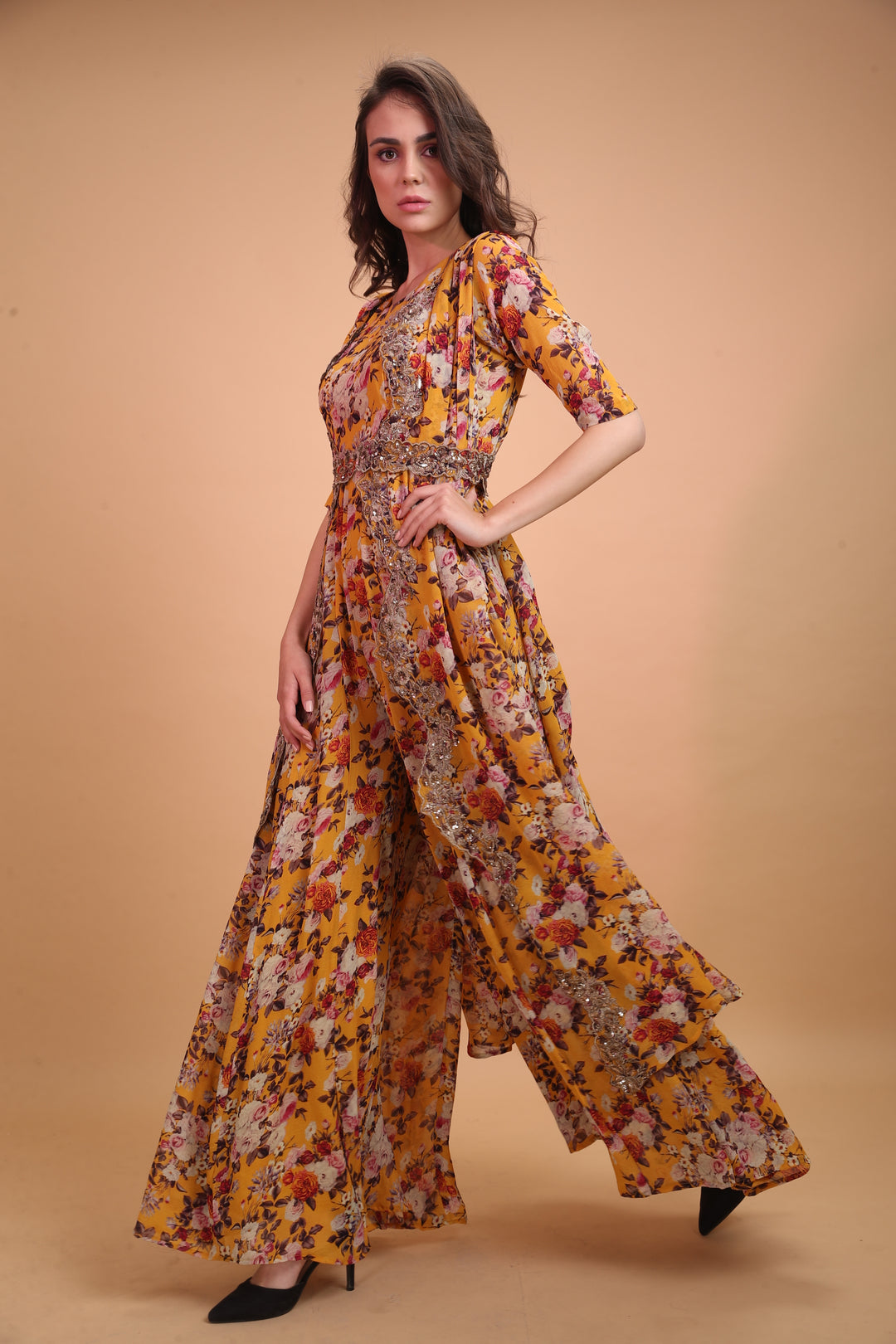 Buy Women Mustard Floral Jumpsuit Astha Narang