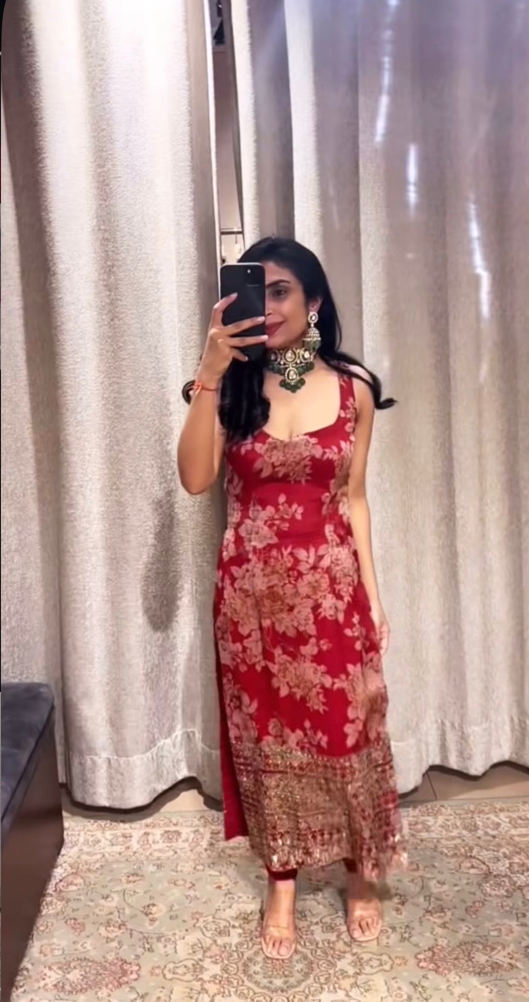 Red Floral Organza Long Kurti Set.