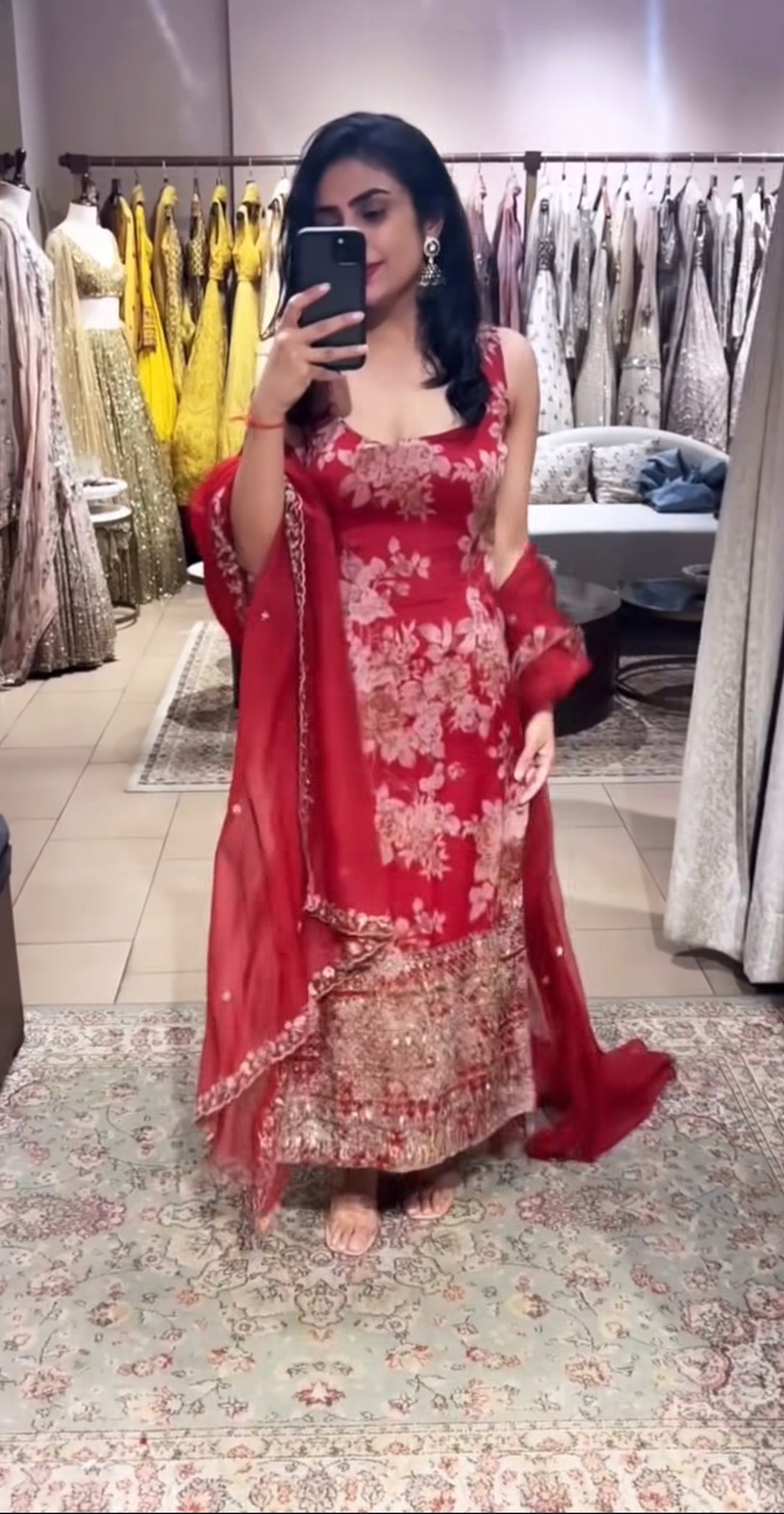 Red Floral Organza Long Kurti Set.