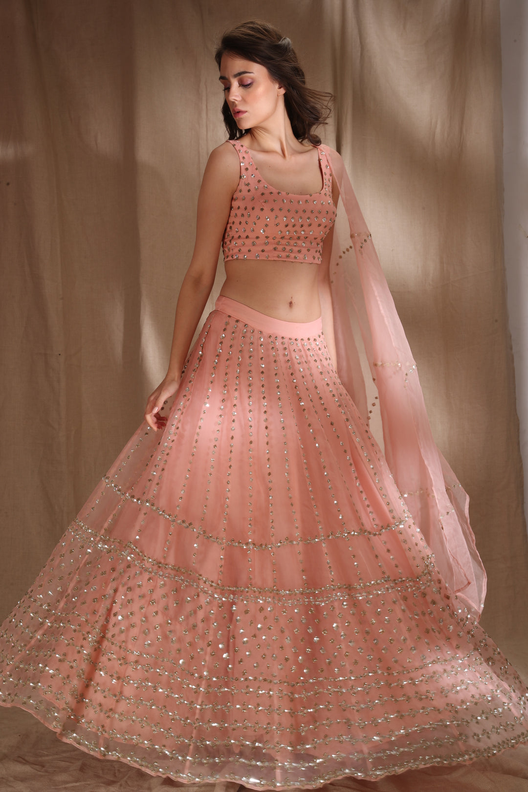 Peach Pink And Silver Sequin Lehenga
