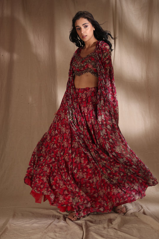 Hot Pink Floral Lehenga With Cape