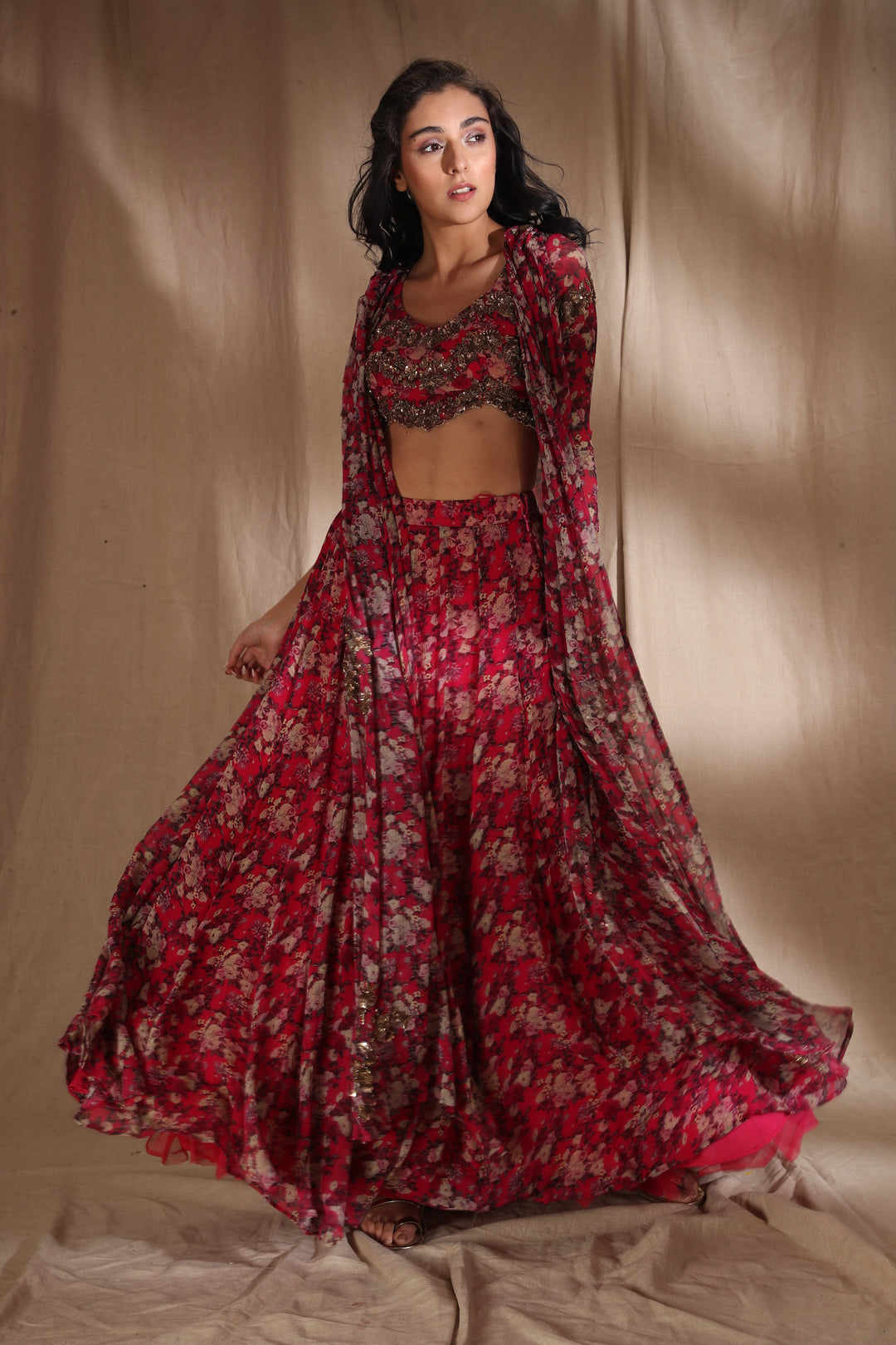 Hot Pink Floral Lehenga With Cape