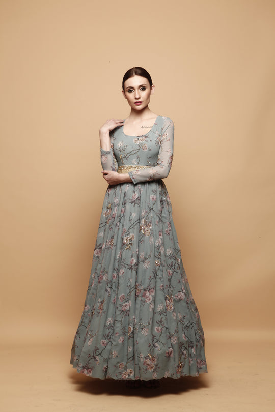 Blue Floral Print Anarkali Gown