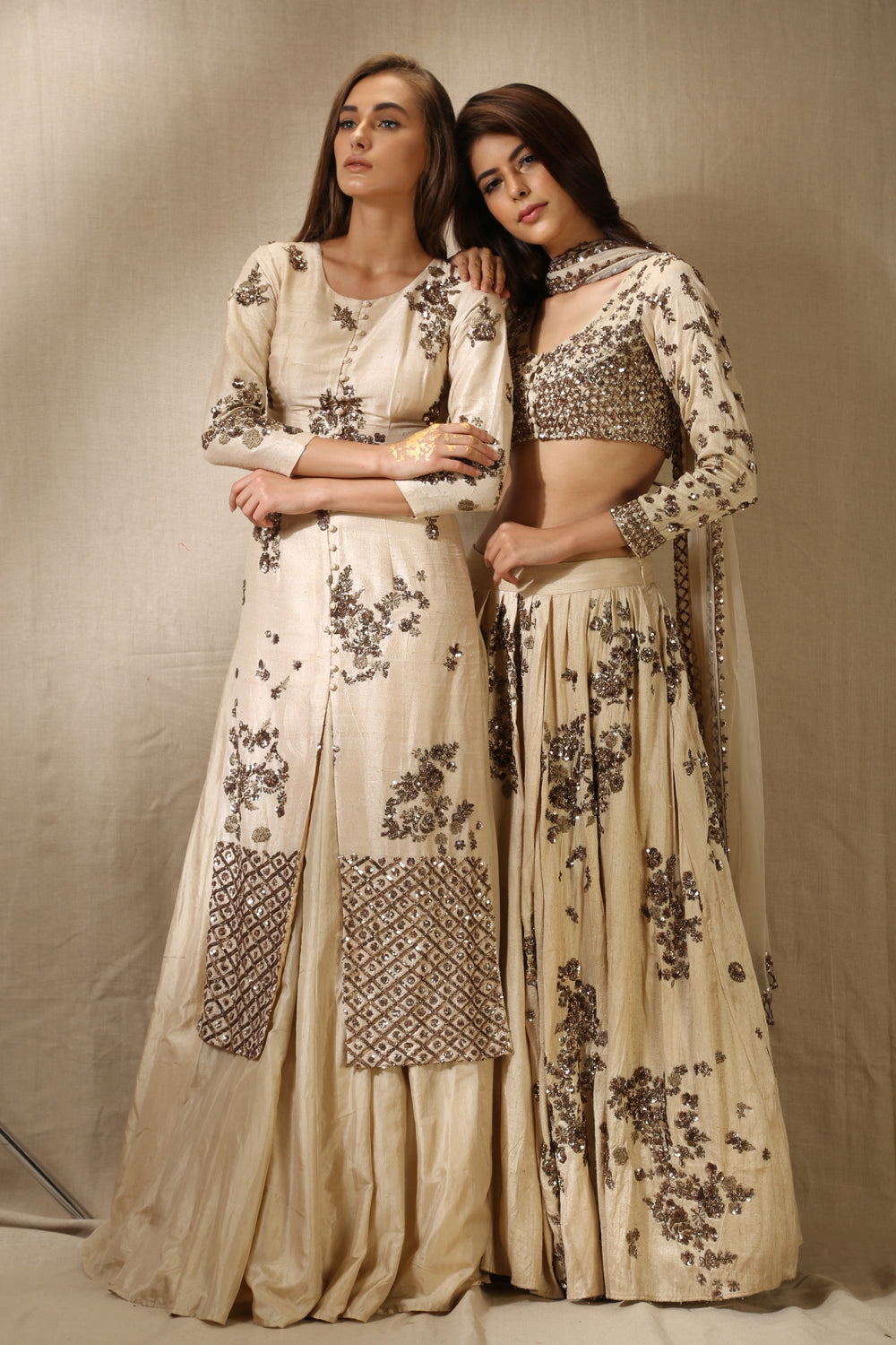 Beige Rawsilk With Antique Work Front Loop Jacket Set