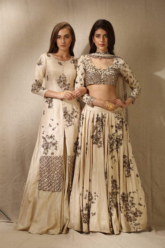 Beige Rawsilk With Antique Work Front Loop Jacket Set