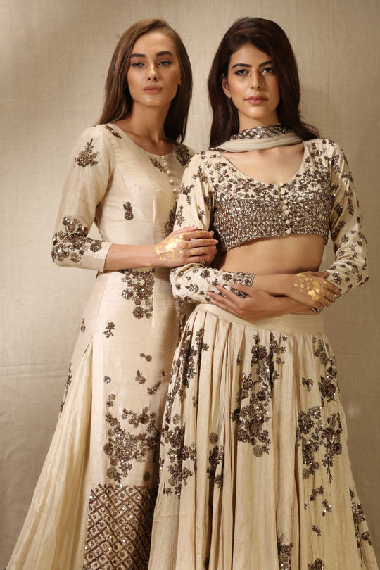 Beige Rawsilk With Antique Work Lehenga Set