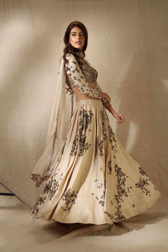 Beige Rawsilk With Antique Work Lehenga Set