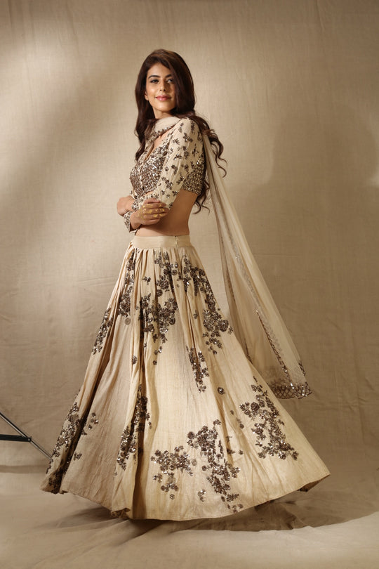 Beige Rawsilk With Antique Work Lehenga Set