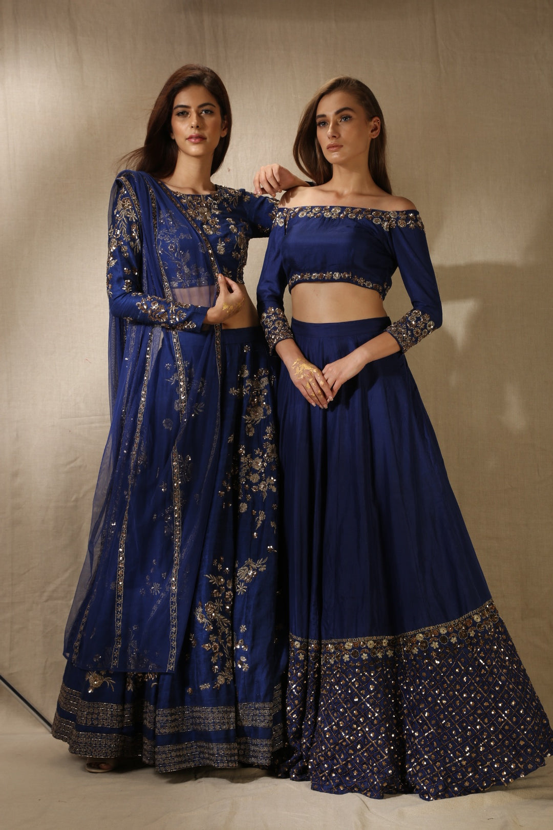 Navy Blue Rawsilk With Antique Work Lehenga Set