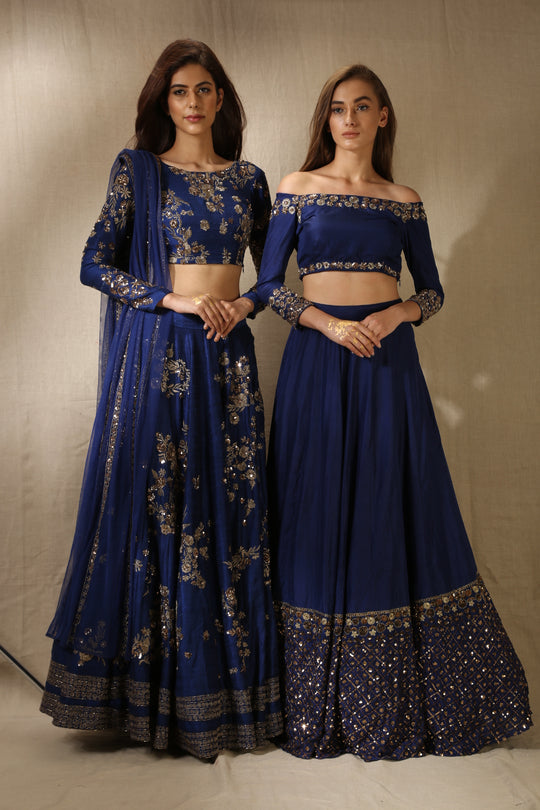 Navy Blue Rawsilk With Antique Work Lehenga Set