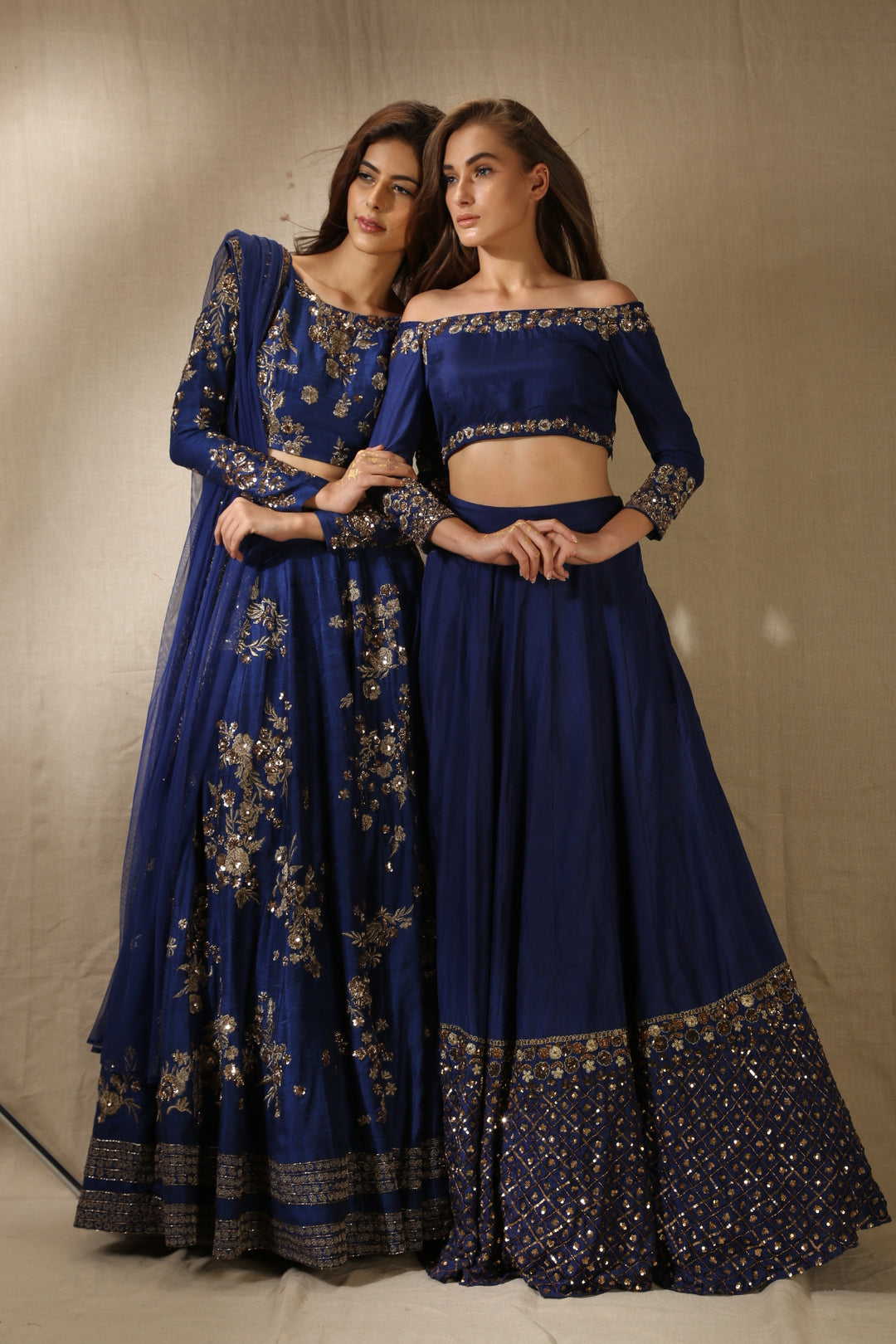 Navy Blue Silk With Antique Work Off-Shoulder Crop Top Lehenga Set