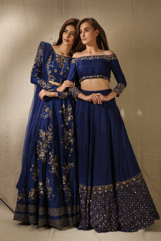 Navy Blue Silk With Antique Work Off-Shoulder Crop Top Lehenga Set