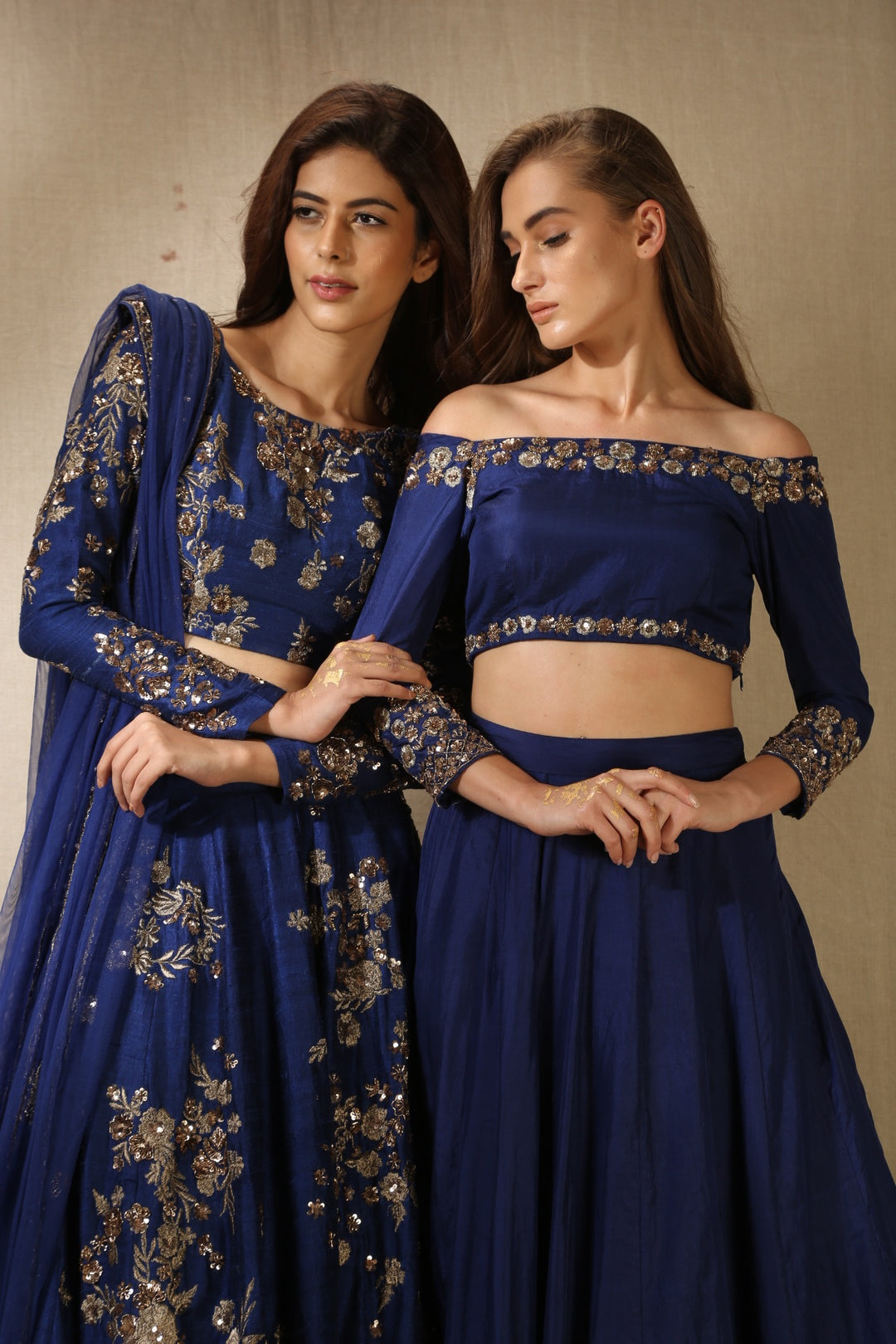 Navy Blue Silk With Antique Work Off-Shoulder Crop Top Lehenga Set