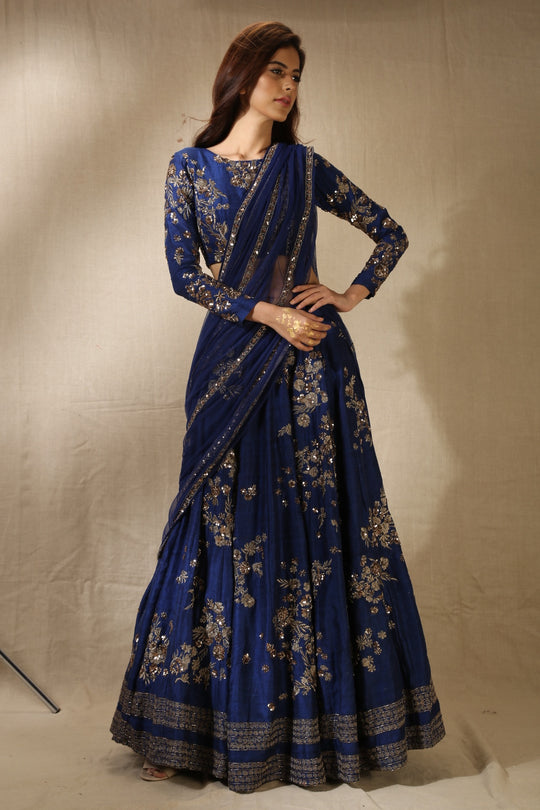 Navy Blue Rawsilk With Antique Work Lehenga Set