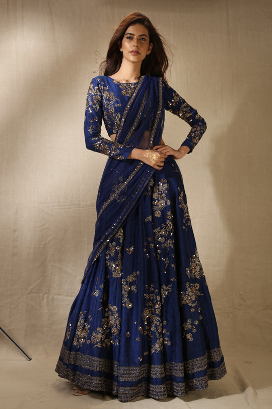 Navy Blue Rawsilk With Antique Work Lehenga Set