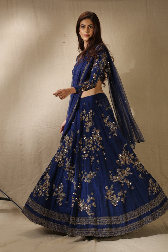 Navy Blue Rawsilk With Antique Work Lehenga Set