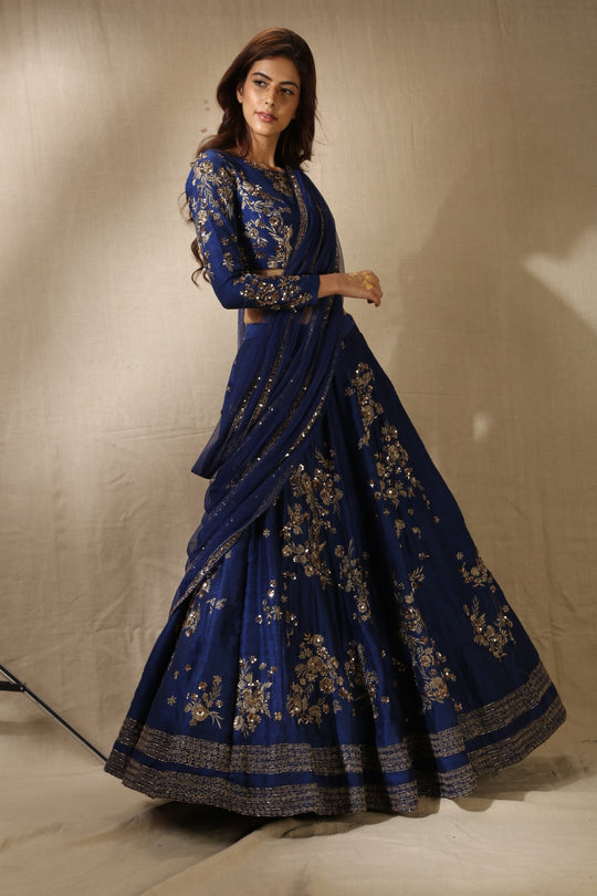 Navy Blue Rawsilk With Antique Work Lehenga Set