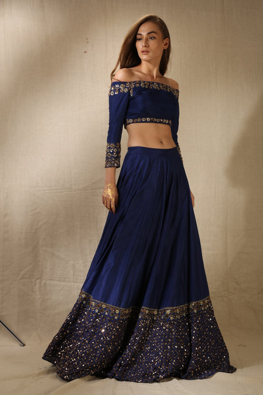 Navy Blue Silk With Antique Work Off-Shoulder Crop Top Lehenga Set