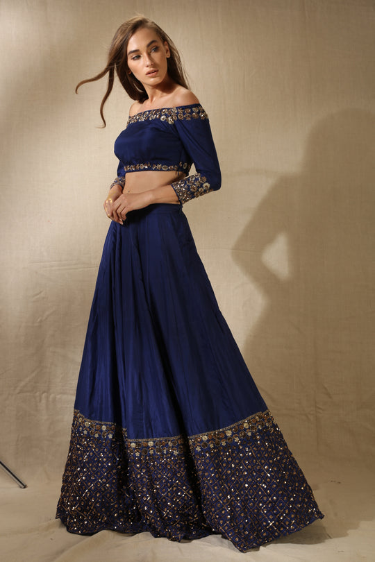 Navy Blue Silk With Antique Work Off-Shoulder Crop Top Lehenga Set