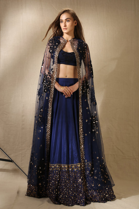 Navy Blue Silk Off-Shoulder Crop Top With Cape Lehenga Set