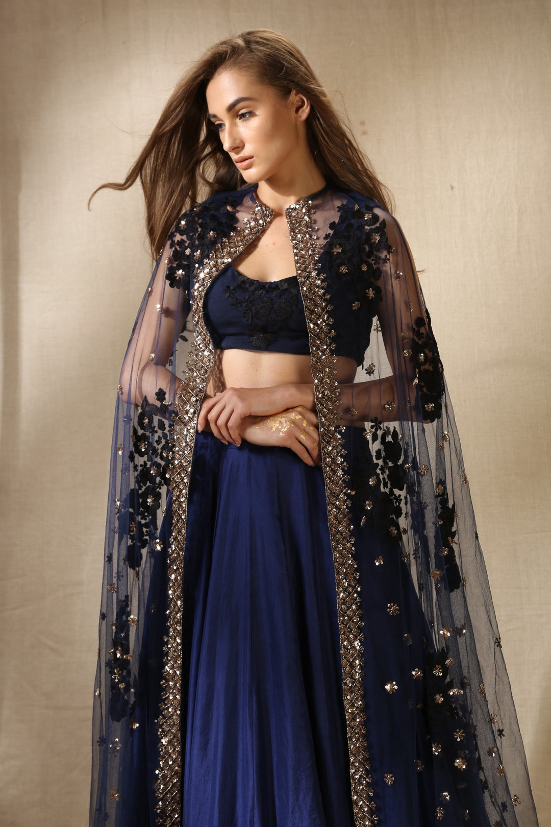 Navy Blue Silk Off-Shoulder Crop Top With Cape Lehenga Set