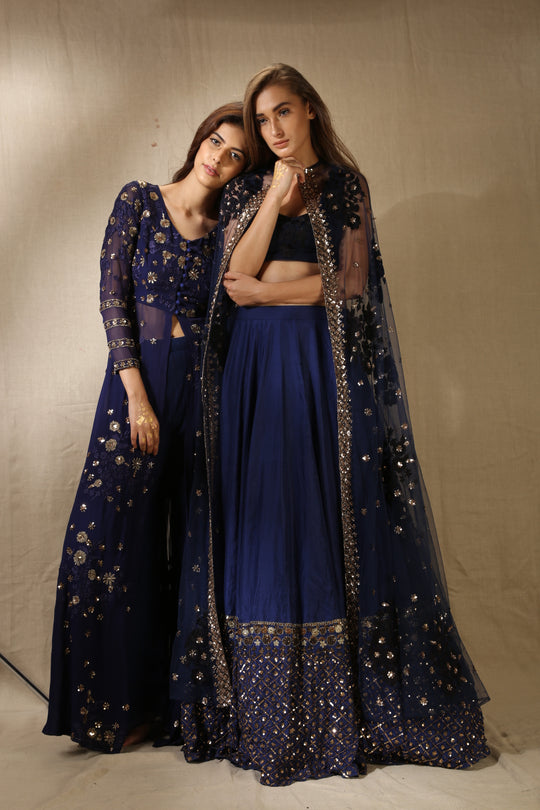 Navy Blue Silk Off-Shoulder Crop Top With Cape Lehenga Set