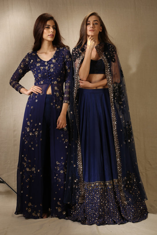 Navy Blue Silk Off-Shoulder Crop Top With Cape Lehenga Set