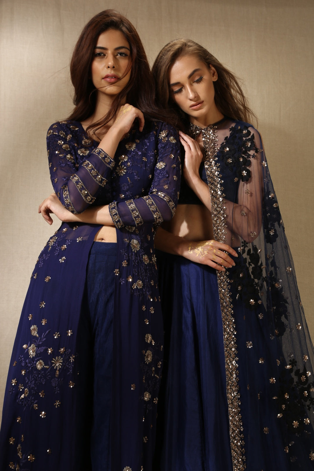 Navy Blue Georjette With Thread Work Front Open Jacket Set