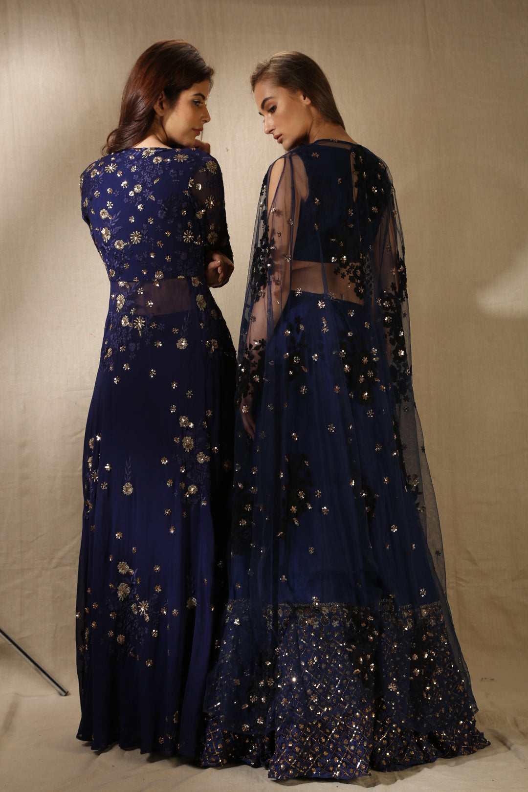 Navy Blue Silk Off-Shoulder Crop Top With Cape Lehenga Set