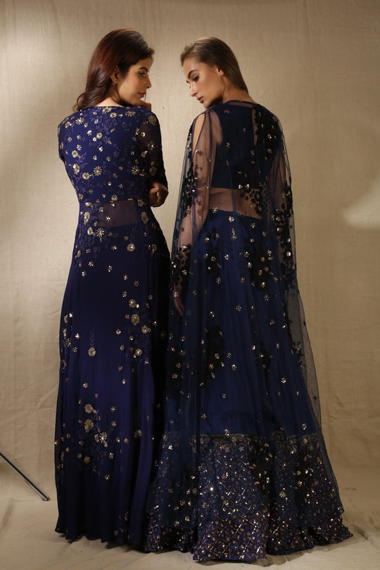 Navy Blue Silk Off-Shoulder Crop Top With Cape Lehenga Set