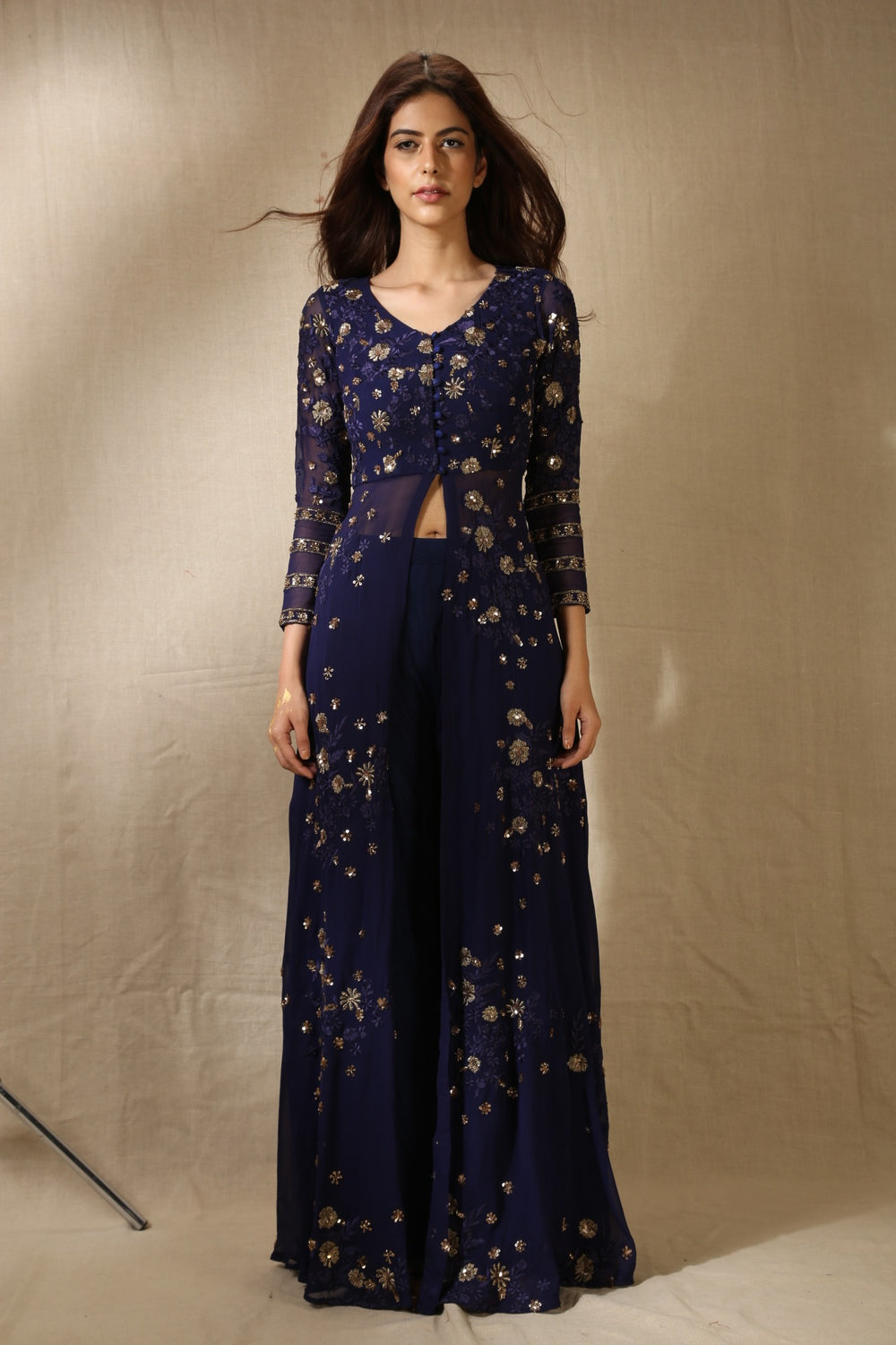 Navy Blue Georjette With Thread Work Front Open Jacket Set