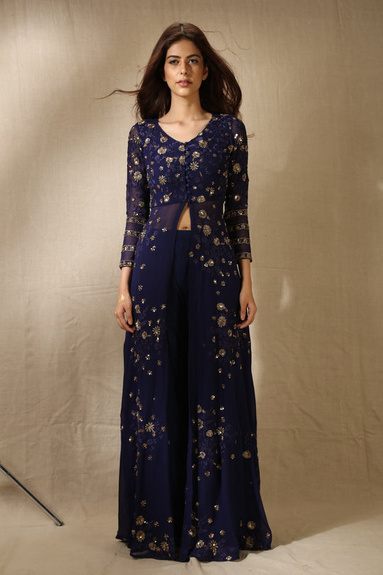 Navy Blue Georjette With Thread Work Front Open Jacket Set