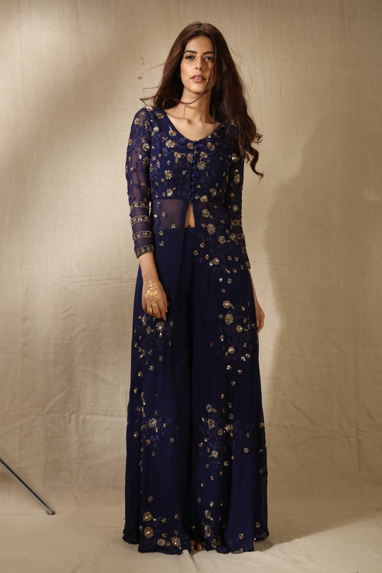 Navy Blue Georjette With Thread Work Front Open Jacket Set