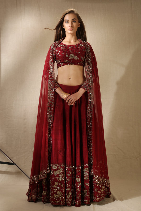 Maroon Rawsilk Thread With Zari Work Lehenga Set