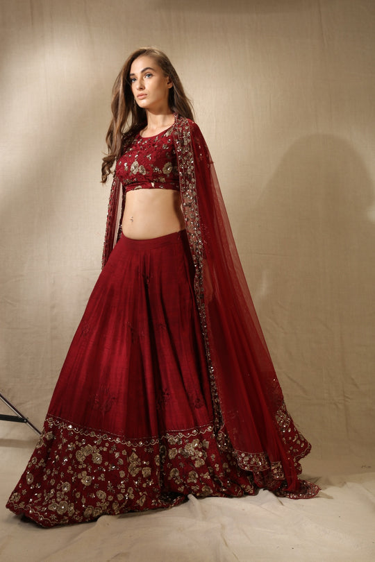 Maroon Rawsilk Thread With Zari Work Lehenga Set