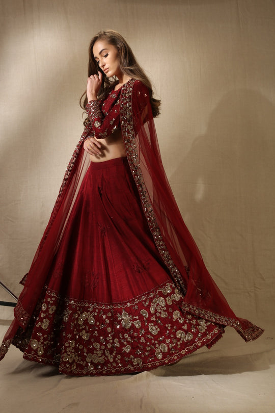 Maroon Rawsilk Thread With Zari Work Lehenga Set