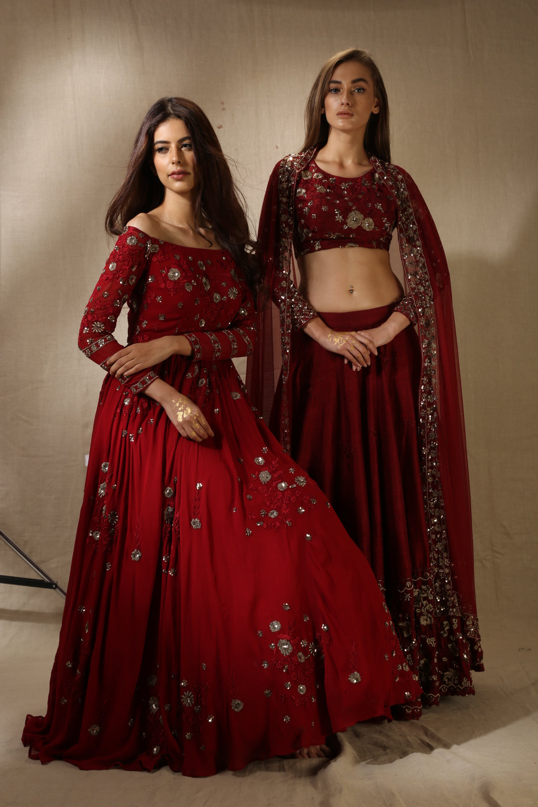 Maroon Georjette Off-Shoulder Thread Work Anarkali Set