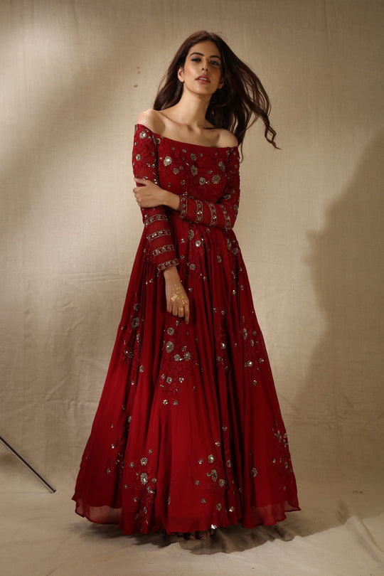Maroon Georjette Off-Shoulder Thread Work Anarkali Set