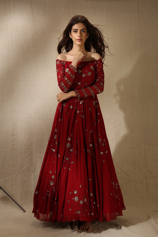 Maroon Georjette Off-Shoulder Thread Work Anarkali Set