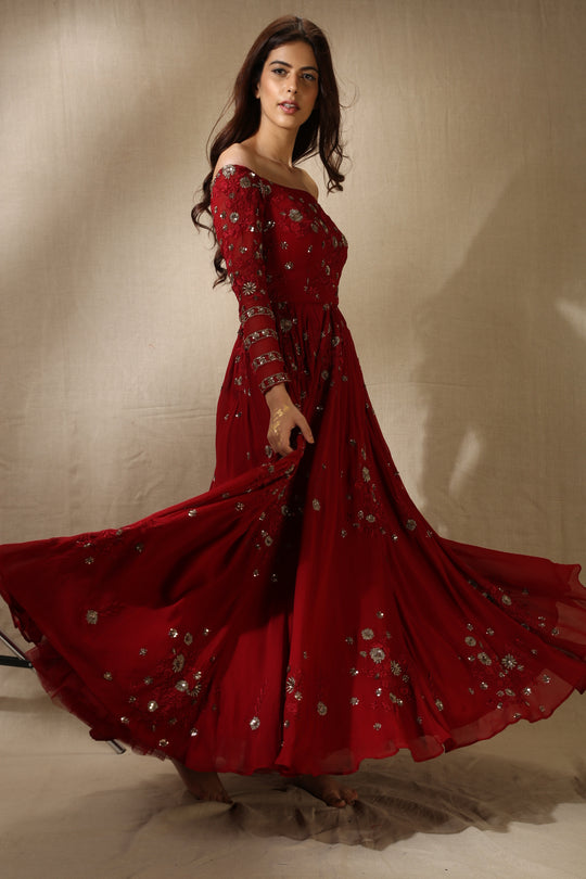 Maroon Georjette Off-Shoulder Thread Work Anarkali Set