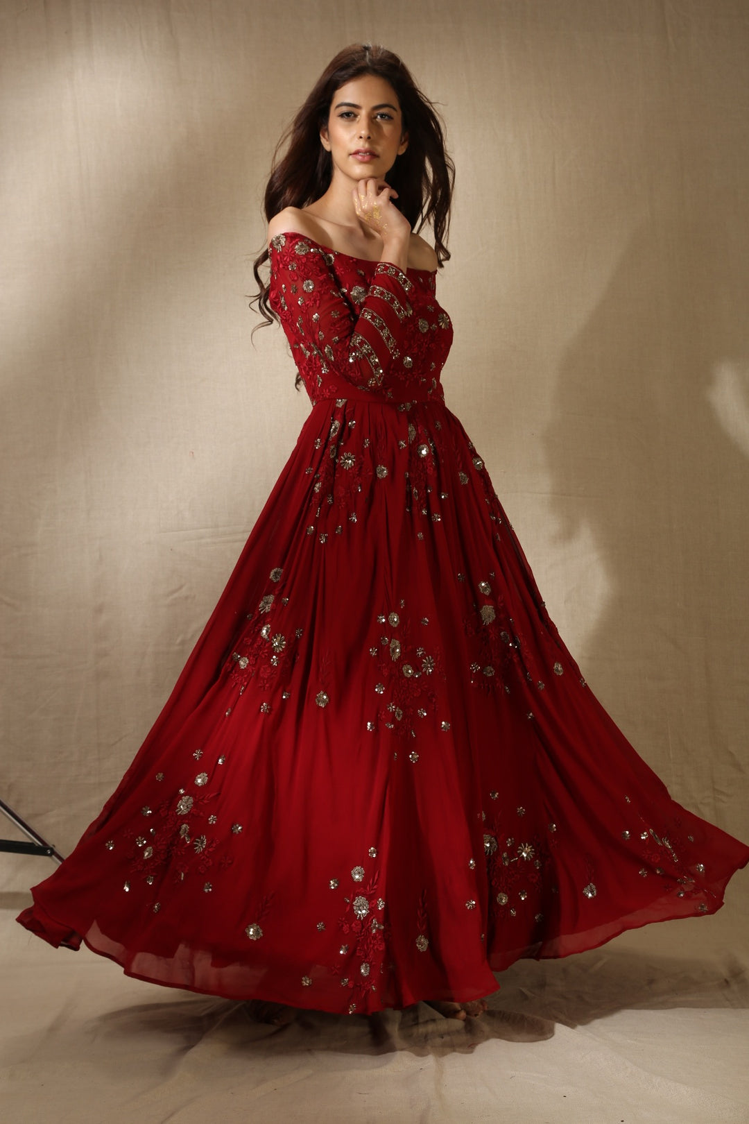 Maroon Georjette Off-Shoulder Thread Work Anarkali Set