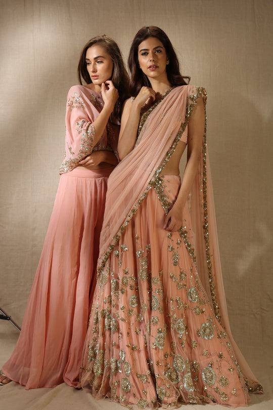 Blush Pink With Gold Flower Work Lehenga Set