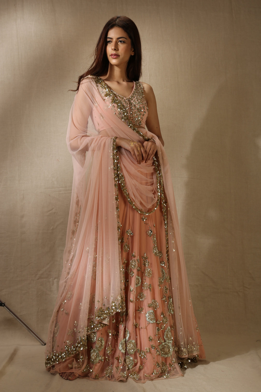 Blush Pink With Gold Flower Work Lehenga Set
