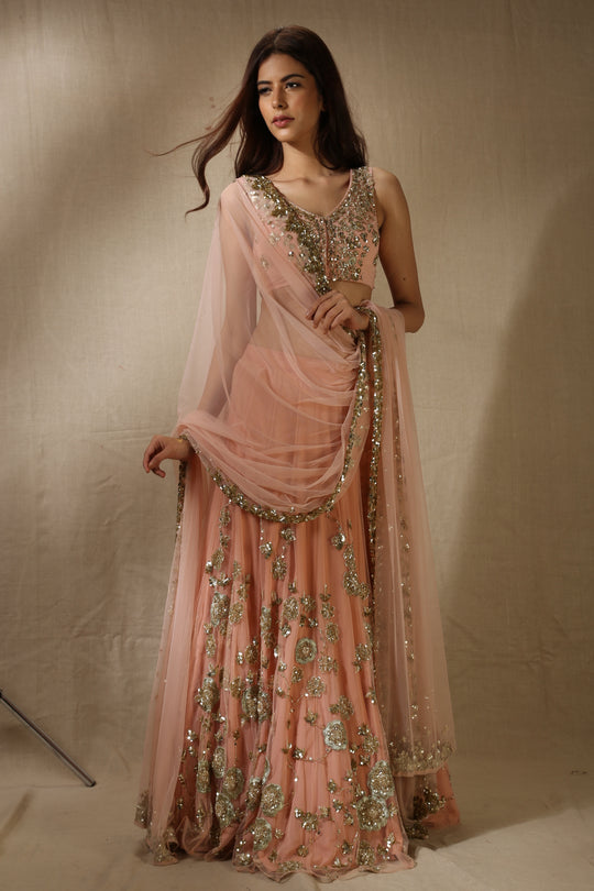 Blush Pink With Gold Flower Work Lehenga Set