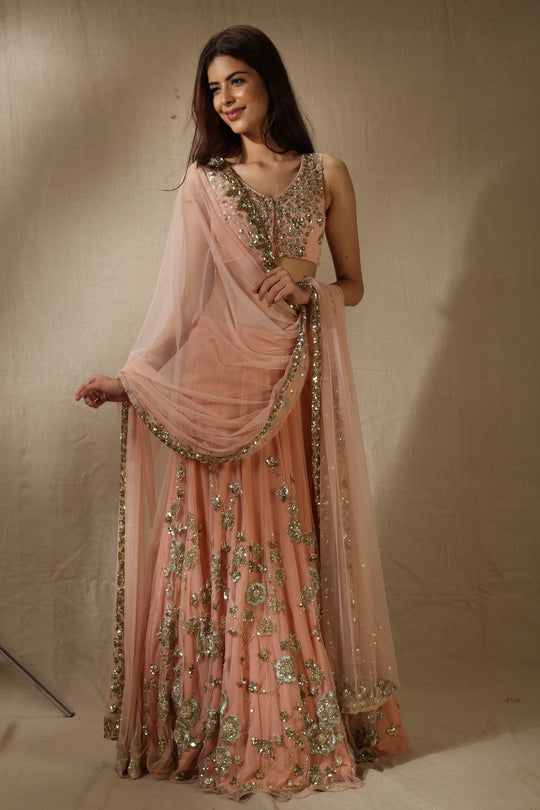 Blush Pink With Gold Flower Work Lehenga Set